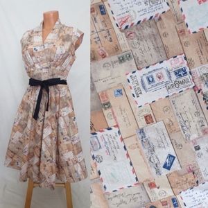 Retrolicious Postcard Print Dress with Black Belt